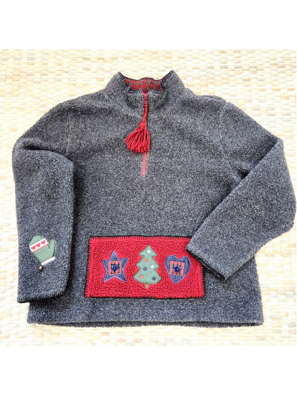 Vintage 90s polar fleece, kitsch festive, heather gray, unisex L (fits S-M)
